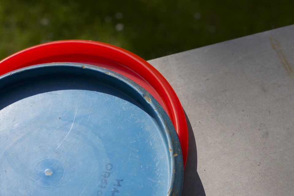 Two disc golf discs with signs of wear